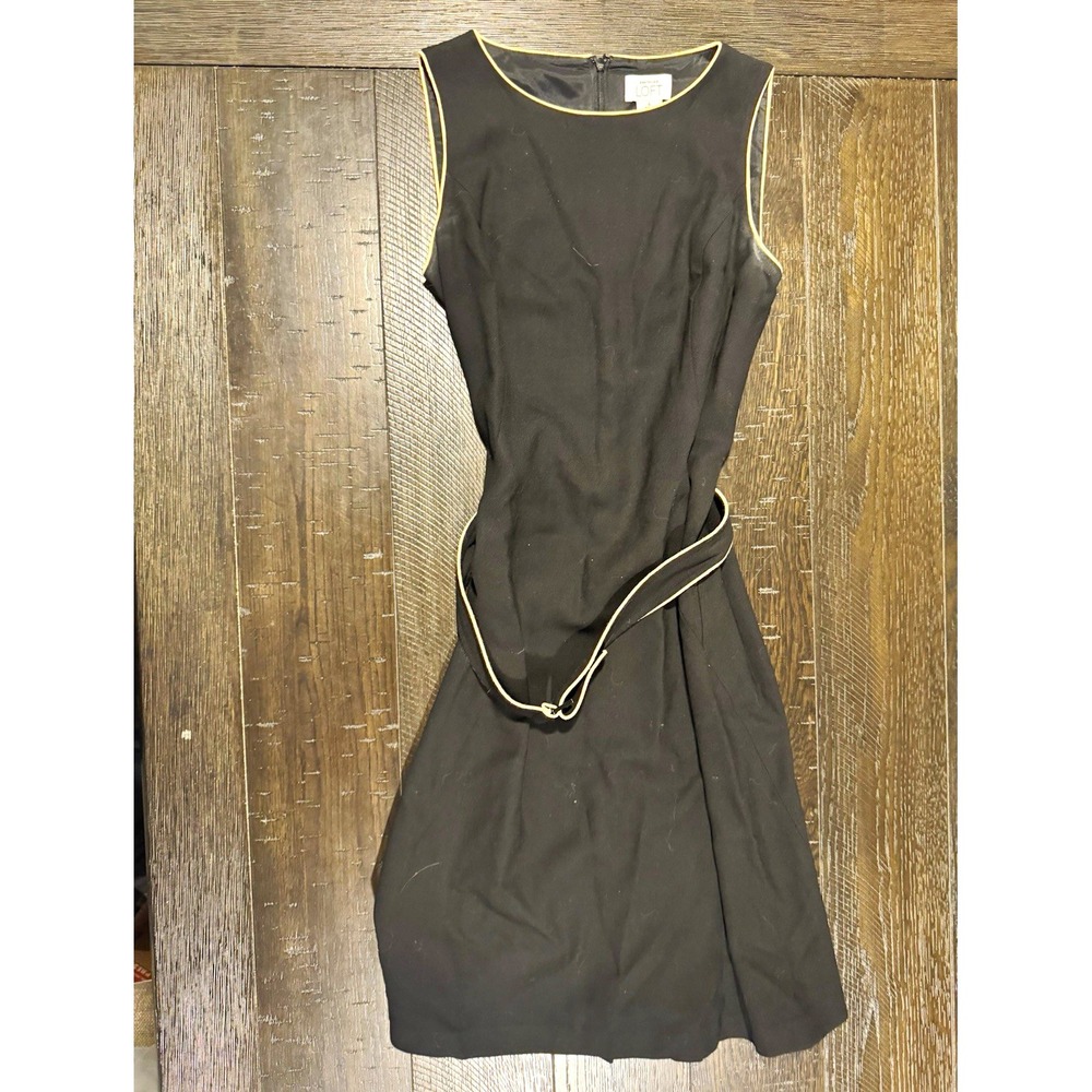 Ann Taylor LOFT Sleeveless Belted Piped Dress Sz 4 Black Beige A-Line Knee